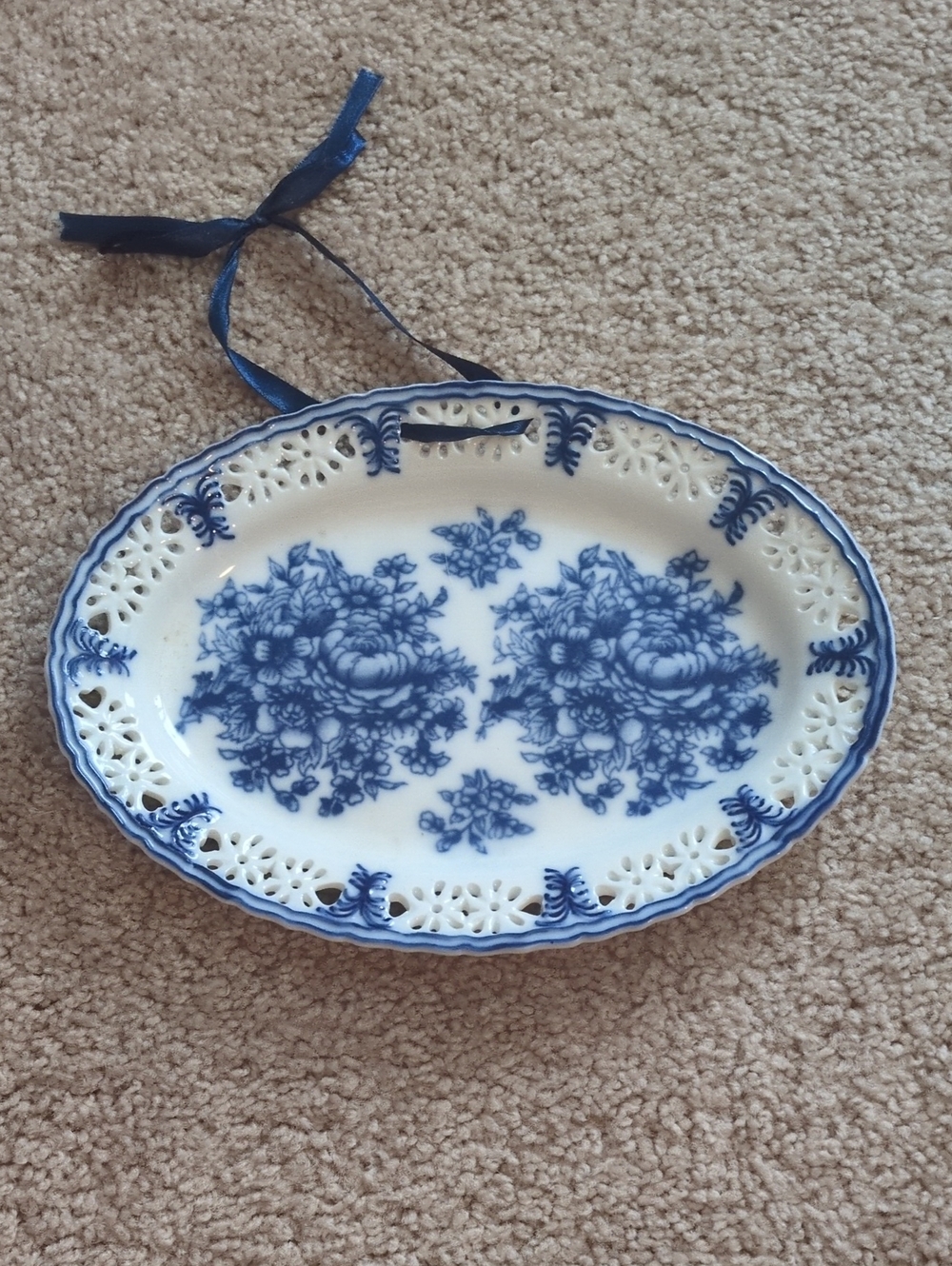 Home Essentials Blue and White Floral Pierced Serving Platter